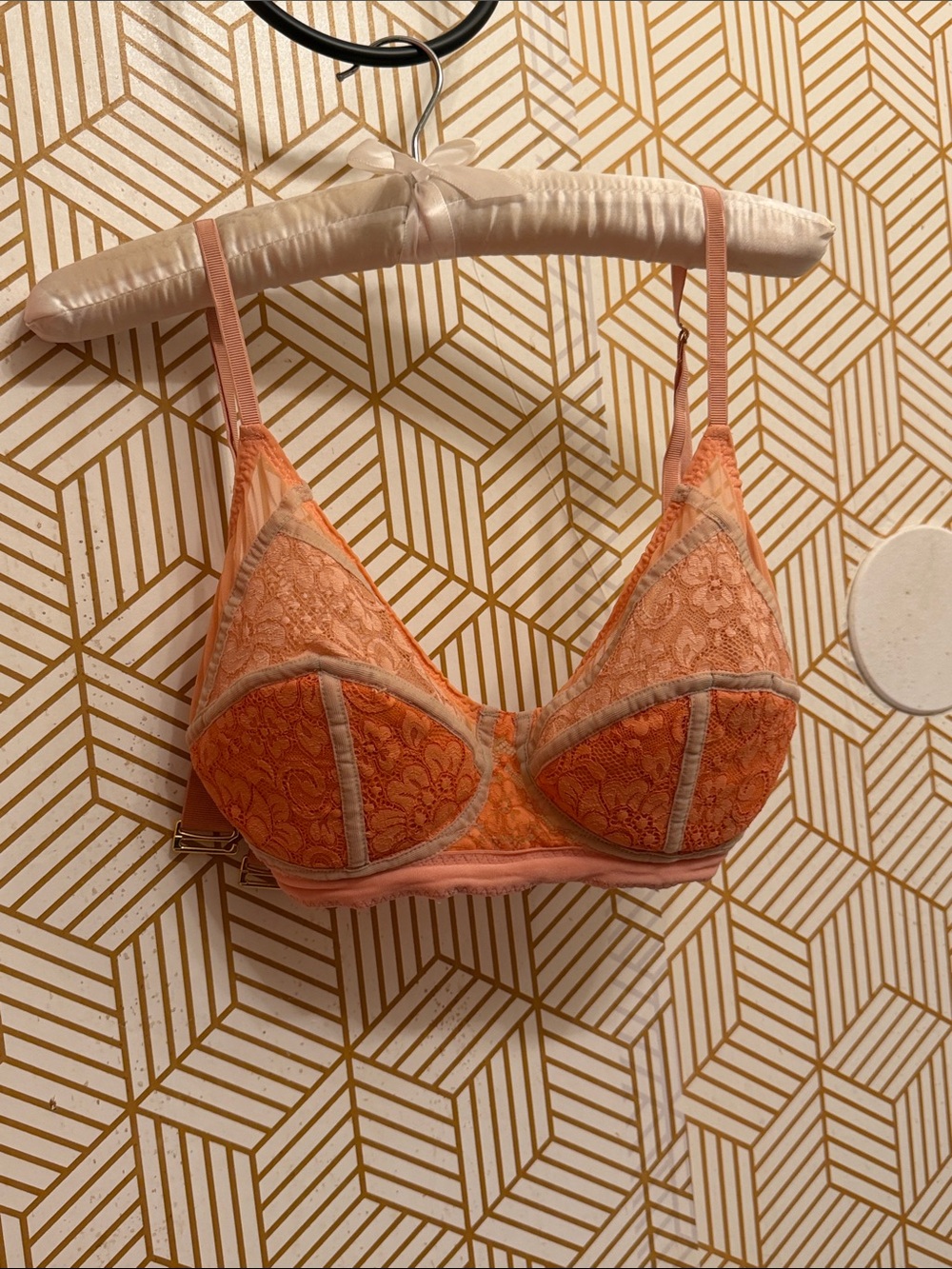 We are hah ! Excellent condition Lace wire free sustainable Bra in Coral tones